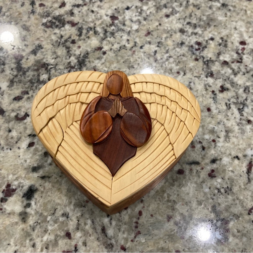 Carver Dan’s wooden puzzle heart shape trinket box with handcarved Angel